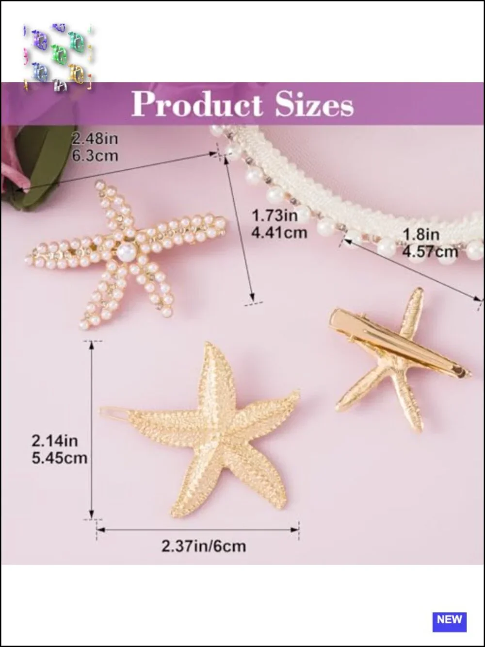 3 PCS Starfish Hair Clips, Gold Rhinestone Pearls, Faux Pearl Crystal Sea Star